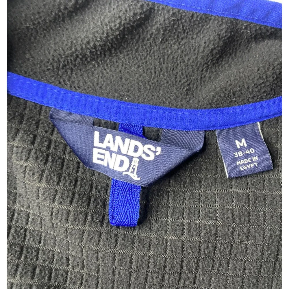 Lands End Black Fleece Jacket Mens Size Medium Zip Up Blue‎ Trim Textured